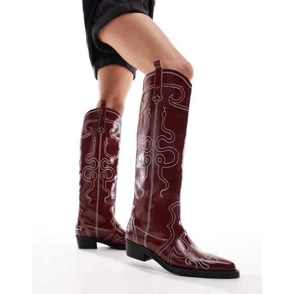 Public Desire | Serpentine Burgundy Snake Embroidered Knee High Western Boots 8 - Picture 2 of 9
